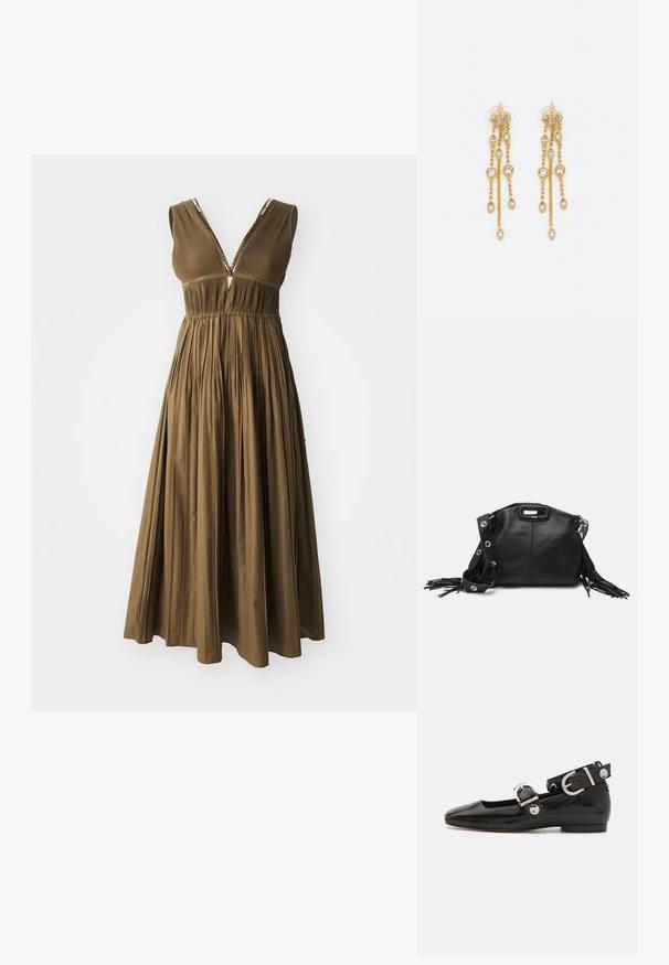 Ceļa garuma brūna kleita ar dziļu V veida kakla izgriezumu, krokotu svārku un dekoratīviem siksniņām. Izgatavota no gludas auduma, ar pieguļošu augšdaļu.; Melnas laika patenta ādas dzīvokļu kurpes ar kvadrātu purngalu, potītes siksna ar sudraba furnitūru un platu zoli. Gluda tekstūra ar minimālu dizainu.; Maje MISS MINI - Plecu soma - noir; Zelta tonī auskari ar vairākiem kaskādes ķēdēm, kas rotāti ar caurspīdīgiem ovāliem rhinestone akcentiem un dekoratīvām pīrsingiem.