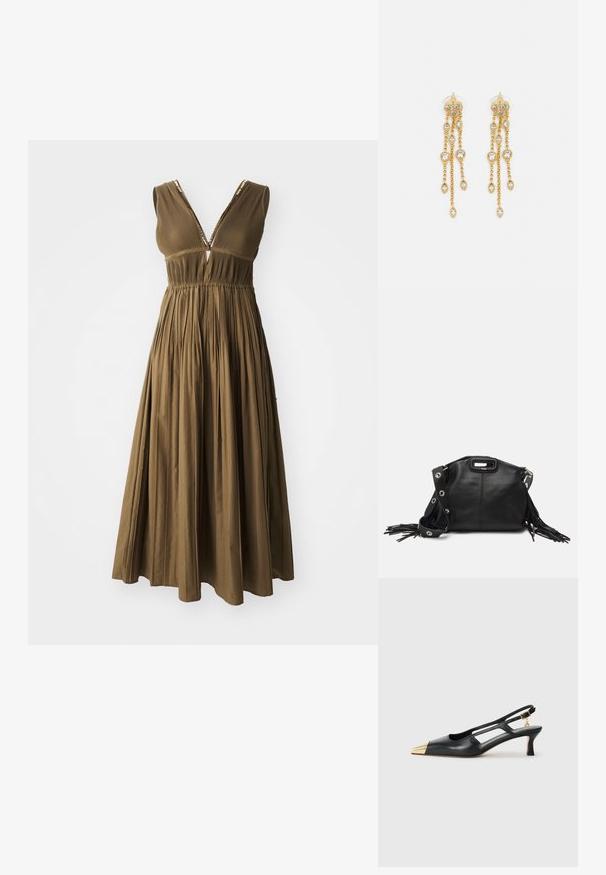 Brun kjole til knelengde med dyp V-hals, plisserte skjørt og dekorative stropper. Laget av glatt stoff, med en tettsittende liv.; Svarte skinn slingback-sko med spiss tå og gullmetallhette. Har utskjæringsdesign og en slank hæl med justerbar stropp.; Maje MISS MINI - Skulderveske - noir; Gullfargede øreringer med flere hengende kjeder, med klare ovale rhinestein aksenter og dekorative stud-topper.