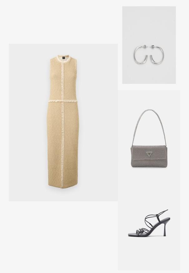 Beež ilma varrukat kleit sirge siluetiga, tekstureeritud kangas, frantsi detailid äärtes ja keskmine õmblus.; Mustad musta värvi kontsandaalid on varustatud peente rihmadega, millel on sõlmekujundus, siledad ruudukujulised varbad ja stiilne stilettokonts.; Helehall metallik handbags, millel on kett, kaunistatud väikeste ümmarguste metallist õmblustega ja kolmnurkse brändi logoga.; Hõbedased rõngaskõrvarõngad, millel on sile ja läikiv pind. Ümar kuju, kerge disain, millel on post-tagumise kinnituse süsteem.