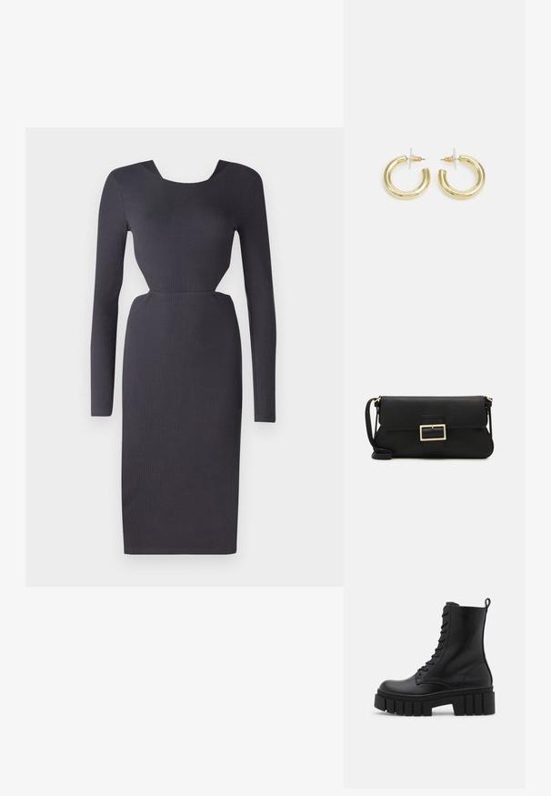 Tamsiai pilkas raštuotas ilgomis rankovėmis suknelė, turinti prigludusią siluetą, apvalų iškirpimą ir tekstūruotą audinį. Suknelė iki vidurio blauzdų su šoniniu išpjovimu.; Juodos odinės kulkšnės botai su masyviu, dantytu padu, raištelių užsegimu priekyje ir kilpeliu ant sklandaus balto fono.; Juodas odinis dėkliukas su atvarteliu ir auksinės metalinės sagties detalėmis. Įeina juodas diržas ir elegantiškas, minimalistinis dizainas.; Aukso auskarai su lygiu, blizgiu paviršiumi. Apvalus dizainas su maža užrakto dalimi ir skaidria atrama saugiam nešiojimui.