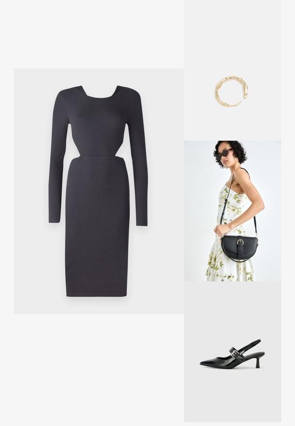 Tmavošedé rebrované šaty s dlhým rukávom a priliehavým strihom, s okrúhlym výstrihom a textúrovanou látkou. Dĺžka po stredné lýtka so strihom na boku.; Čierne patentové kožené sandále na podpätku so špicatou špičkou a malým blokovým podpätkom, s dekoratívnou striebornou sponou na remienku.; Čierna kožená kabelka s zaobleným tvarom, odnímateľným popruhom a zlatými doplnkami. Kabelka má klopu s detailom s prackou.; Prsteň v zlatej farbe s organickým, skrúteným dizajnom, hladkým povrchom a zužujúcimi sa koncami, vytvárajúci moderný, sochársky vzhľad.