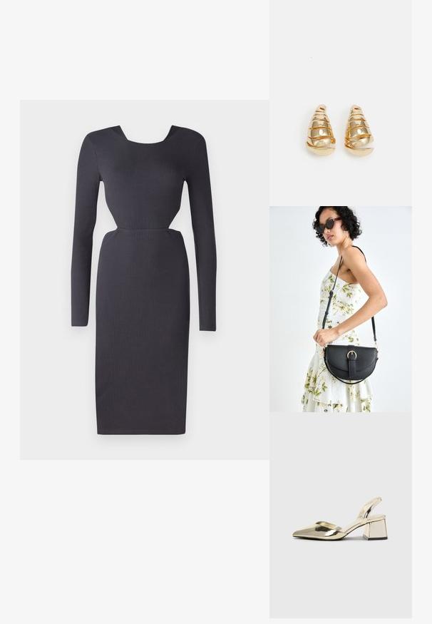 Mørkegrå ribbet langermet kjole med en tettsittende silhuett, rund hals og teksturert stoff. Knelang med sideutskjæringsdetalj.; Gull, metallisk slingback-hæler med spiss tå og chunky hæl. Glatt tekstur, minimalistisk design og en smal stropp.; Svart lærveske med en buet form, avtagbar stropp og gullbeslag. Vesken har et klaff med spenne-detall.; Gullfargede øreringer formet som avlange kjegler med spiraldetaljer. Glatt overflate med reflekterende finish, med buede aksenter.