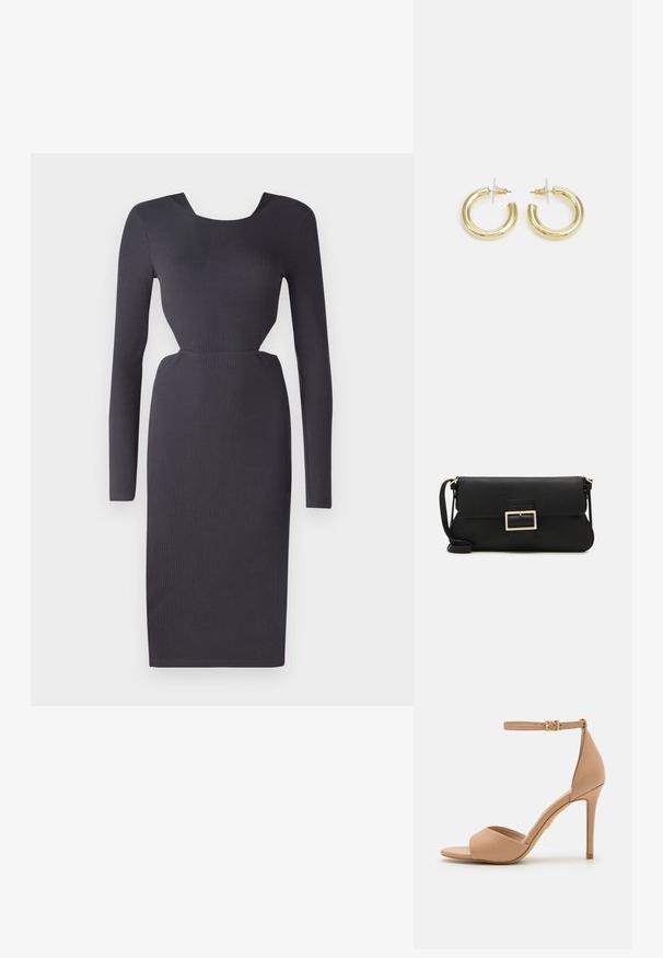 Tumehall ribast pikakäistega kleit, millel on figuuri rõhutav siluett, ümmargune kaelus ja tekstuuritud kangas. Pikkus kuni poolde sääre, külgedel lõhikuga detail.; ALDO CRERIDE PILLOW WALK - Sandaalid - beige; Must haben musta nahkklahviga kott, millel on klapp ja kuldne metallist pandla detail. Kaasas must rihm ja stiilne, minimalistlik disain.; Kuldne rõngassõrmused sileda ja läikiva viimistlusega. Ringikujuline disain, millel on väike post ja selge tagumine külg, et tagada kindel kandmine.