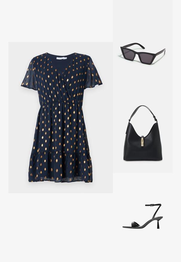 Morska obleka s kratkimi rokavi, ki ima ovijalni dizajn, zlat pikčast vzorec in plisejsko rob. Narejena iz lahkega, tekočega materiala.; Bershka Sandali z visoko peto - black; Črne, angularne sončne očala z sivimi lečami; izdelana iz plastike, imajo debele ročke z gladko površino in brez vidne opreme.; Črna usnjena torbica za čez ramo z zaobljeno, oblikovano silhueto, ki ima zlato zaklepanje in eno nastavljivo naramnico. Gladka tekstura.