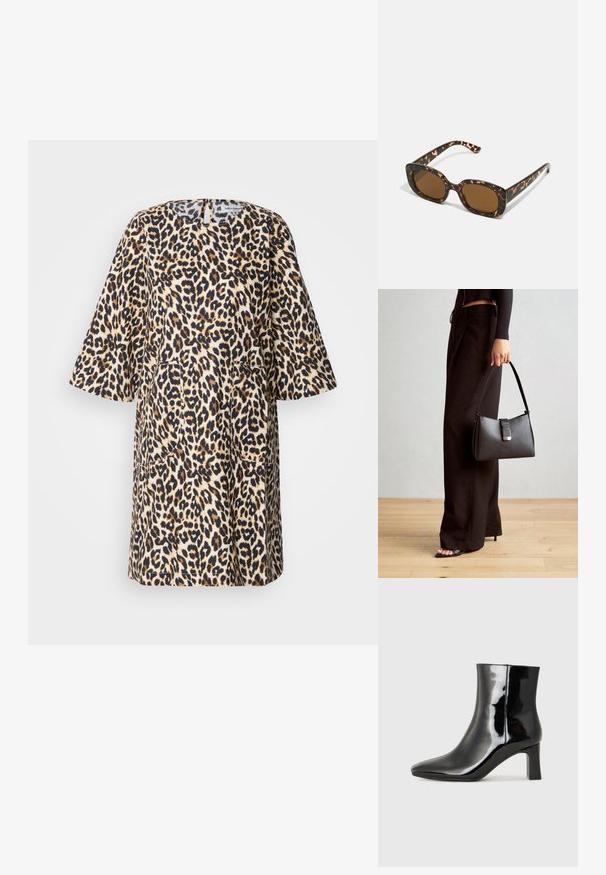 Φόρεμα με λεοπάρ σχέδιο, κοντά μανίκια, στρογγυλή λαιμόκοψη και δύο μπροστινές τσέπες. Φτιαγμένο από υφασμάτινη υφή σε αποχρώσεις του καστανού, του καφέ και του μαύρου.; Μαύρη πατενταρισμένη δερμάτινη μπότες αστραγάλου με μυτερή μύτη και μεσαίο τετράγωνο τακούνι. Λείος υφή και μινιμαλιστικός σχεδιασμός.; Γυαλιά ηλίου από καβουρδισμένο κέλυφος με στρογγυλό, χοντρό σκελετό και καφέ φακούς. Διαθέτουν διακριτά σχέδια και ευθείες, κομμένες βραχίονες.; Μαύρη τσάντα χειρός με δομημένο σχήμα, λεία υφή και μεταλλικό κούμπωμα. Συνδυασμένη με φαρδιά μαύρα παντελόνια και σανδάλια ανοιχτής μύτης πάνω σε ξύλινο πάτωμα.