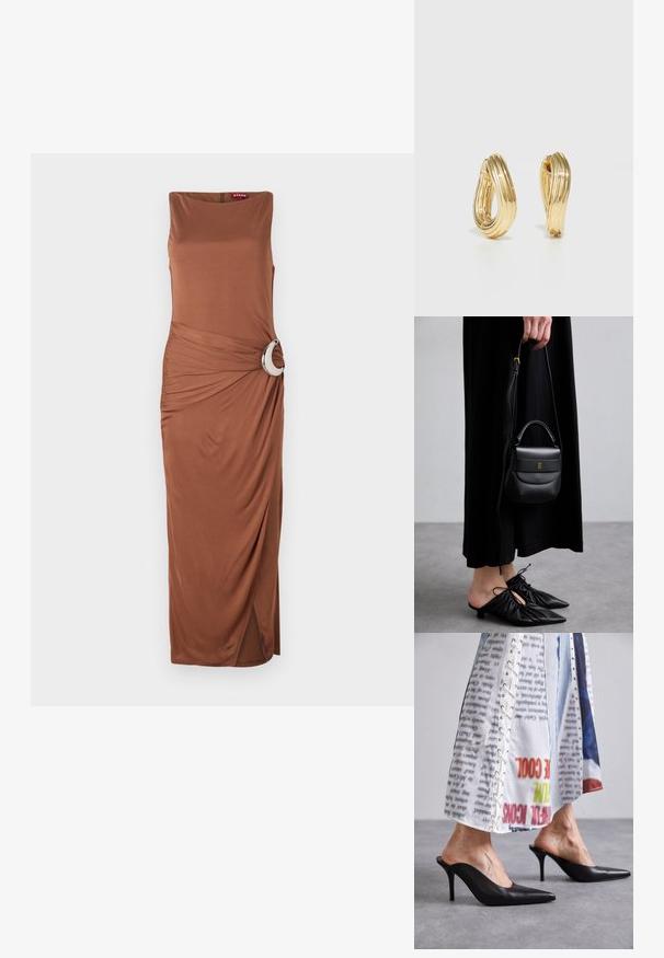 Hnedé bezrukávové maxi šaty s okrúhlym strieborným akcentom v páse a drapériou, so bočným rozparkom pre pohodlný pohyb.; Čierne kožené kliny s špicatou špičkou a ihlovým podpätkom, skombinované s bielym vzorovaným oblečením s detailmi na šnurovanie.; Malá čierna kožená kabelka zaobleného tvaru, s hornou rukoväťou a odnímateľným popruhom. Nosená s čiernymi látkovými šatami a čiernymi plisovanými topánkami.; Náušnice v zlatej farbe vo forme kruhu s točiacim sa dizajnom, s drážkovanou textúrou a hladkým povrchom. Ľahká a prázdna konštrukcia.