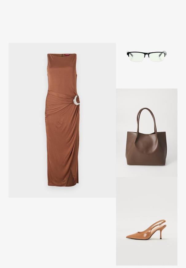 Rochie maxi fără manșon, de culoare maro, cu un accent circular argintiu la talie și detalii drapate, având o fanta laterală pentru un plus de libertate în mișcare.; Pantofii cu toc slingback, cu vârful ascuțit, dintr-un material tan neted și strălucitor. Prezintă un design cu decupaj curbat și un toc subțire stil stiletto. Detaliu cu cataramă argintie.; Ochelari de vedere rectangulari negri, cu lentile clare, având rame negre elegante și vârfuri de brad transparente gri. Design minimalist, fără marcaje vizibile.; Geantă tote din piele maro, cu două mânere lungi, formă structurată, textură netedă și design minimal. Fără elemente sau accente vizibile.