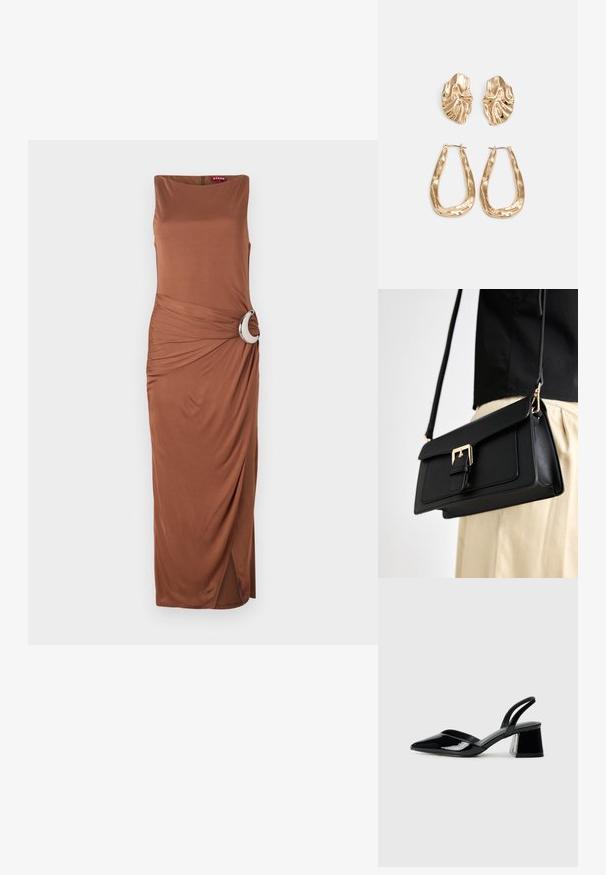 Hnědé maxi šaty bez rukávů s kulatým stříbrným akcentem v pase a drapérií, s bočním rozparkem pro snadný pohyb.; Černé lakované kožené lodičky na pásku s špičatou špičkou a geometrickým blokovým podpatkem. Vyznačují se elegantním, minimalistickým designem a hladkým povrchem.; Černá kabelka z umělé kůže se zlatým sponou, plochý design a nastavitelný popruh, vystavená na světlém pozadí.; Náušnice ve zlatém tónu s texturovanými, vlnitými tvary. Obsahují sochařské klipy a design otevřeného kruhu s kladivkovým povrchem.