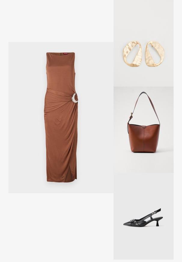 Ruda be rankovių maxi suknelė su apvaliu sidabriniu akcentu juosmens vietoje ir drapiruotėmis, turinti šoninio skeltuko, kad būtų lengviau judėti.; Juodas odinis slingback tipo batai su smailiu priekiniu atvartu, dekoratyvinėmis sagtimis su metaliniais akyčiais ir žemu blokiniu kulnu. Saldus paviršius.; Ruda odinė petinė rankinė su kreivam formu, lygia tekstūra ir viena plona juosta. Yra švelni siūlė ir mažas logotipo elementas.; Nedidelis nereguliarus ovalo formos aukso tono metalinių auskarų pora su tekstūruota, šiek tiek kalta paviršiumi ant balto fono.