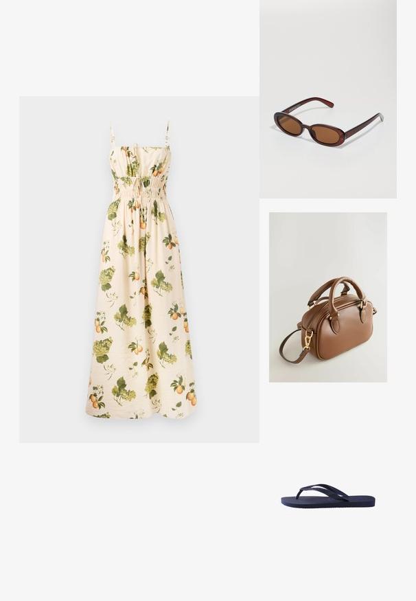 Maksijska obleka iz svetlo bež tkanine z zelenimi in oranžnimi vzorci sadja in listov. Ima nastavljive naramnice in smock pas za oblikovanje.; Temno modri natikači z teksturiranimi gumijastimi trakovi in podplatom, z valovitimi vzorci na trakih in ravnim, rebrastim podnožjem.; Okrogle, rjavo obarvane sončne naočare z sijočim burgundskim okvirjem. Tanek nosilec s subtilnim logotipom. Oblika leč je ravna.; Next BOWLER CHARM - Torbica - tan brown