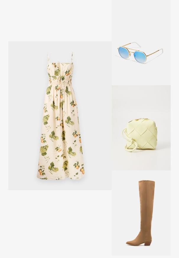 Maxi-jurk van pale beige stof met groene en-oranje fruit- en bladpatronen. Voorzien van verstelbare bandjes en een smocktail voor een mooie pasvorm.; Kniehoge tankleurige laarzen gemaakt van een glad materiaal met een puntige neus en een lage gestapelde hak. Eenvoudig ontwerp, geen zichtbare patronen of accenten.; Ray-Ban UNISEX - Zonnebril - gold-coloured; Geel, geweven handtas met een vierkant ontwerp, met een gladde textuur, decoratieve geknoopte schouderriem en hardware in goudkleur.