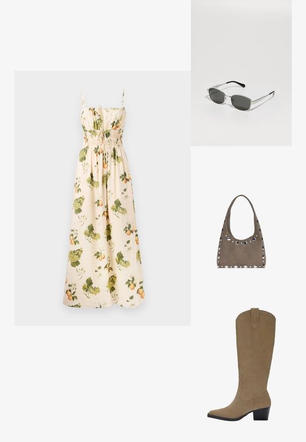 Maksijska obleka iz svetlo bež tkanine z zelenimi in oranžnimi vzorci sadja in listov. Ima nastavljive naramnice in smock pas za oblikovanje.; Biege suknje do kolen iz nubuk kože z ostrim nosom, nabranim peto in šivanim detajlom ob straneh. Gladka tekstura in strukturiran dizajn.; Sončna očala z sivimi lečami, vitkim srebrnim kovinskim okvirjem, prozornimi detajli in črnimi konicami na ročajih. Imajo ovalno obliko.; PULL&BEAR SHOPPER - Torba za nakupovanje - grey