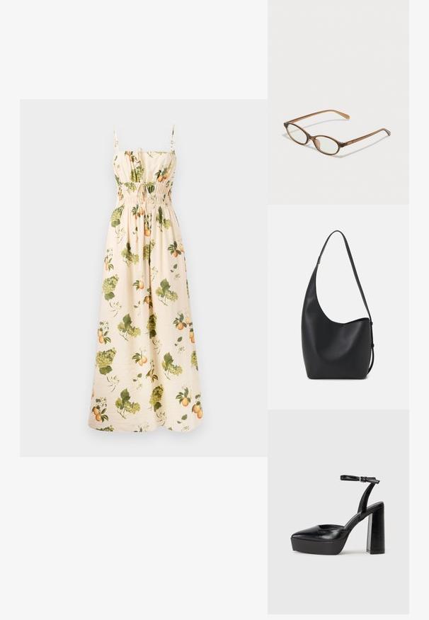 Maksikleit heledast beežist kangast, millel on rohelised ja oranžid puu- ja lehekujundused. Omab reguleeritavaid rihmasid ja volangvöödet kujutamiseks.; Mustad platvormi kontsad terava ninaga ja reguleeritava pahkluuraamiga. Valmistatud siledast nahast, funktsioneerib massiivse plokknäheeliga.; Pruunid kilpkonnaläätsed ovaalsete objektiividega, õhukesed kaared ja läbipaistvad aktsendid. Templi peal on peene logoga. Sujuv, kergesti kandmiseks mõeldud disain.; Mustast nahast hobo kott, millel on sile tekstuur, kumer kuju ja üks reguleeritav rihm; peal on lai avaus.