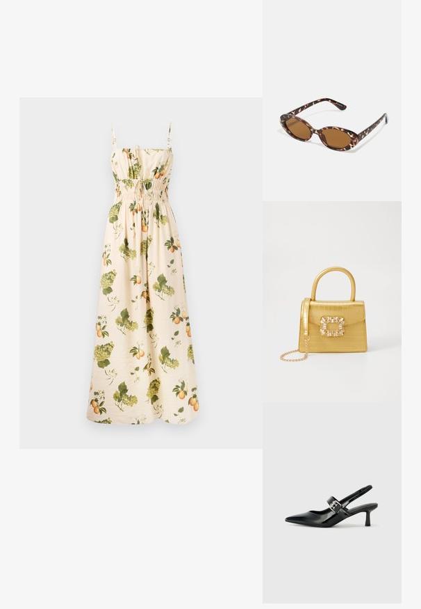 Maxi sukienka w jasnym beżowym kolorze z zielonymi i pomarańczowymi wzorami owoców i liści. Posiada regulowane ramiączka oraz marszczenie w talii dla podkreślenia sylwetki.; Czarne lakierowane szpilki slingback z wąskim noskiem i małym słupkiem, z ozdobnym srebrnym klamrą na pasku.; Okulary przeciwsłoneczne w kolorze tortoise z owalnymi soczewkami, brązowymi w odcieniu, cienkimi ramionami z teksturowanym wzorem, lekką plastikową oprawką.; Żółta torebka z faux-krokodylka o wyrafinowanej konstrukcji, z górnym uchwytem, odpinanym łańcuszkiem oraz dekoracyjnym kryształowym zdobieniem na zapięciu.