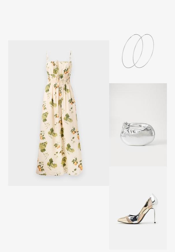 Maxi dress in pale beige fabric with green and orange fruit and leaf patterns. Features adjustable straps and a smocked waist for shape.; Pointed-toe high heel shoe with a silver, gold, and nude color scheme. Glossy finish with cutout design, featuring a stiletto heel.; Silver metallic pouch bag with a soft, rounded shape and a knotted top closure. Made from smooth faux leather material.; Silver hoop earrings with a minimalist design. Circular shape, smooth texture, and thin profile. Lightweight with a polished finish.