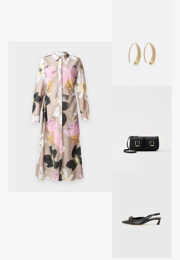 Bloemige jurk met een knoopsluiting aan de voorkant, lange mouwen, lichtbeige stof met abstracte bloemenpatronen in roze, zwart en wit.; Zwarte leren slingback schoen met scherpe neus, kleine hak en decoratieve gespdetails op de bovenkant. Stijlvolle textuur, minimalistisch ontwerp.; Zwarte leren schoudertas met twee vo pockets, gouden gespen, ritsluiting en een smalle band. Tekstuur oppervlak en compacte rechthoekige vorm.; Gouden metalen oorbellen in de vorm van een gebogen, verlengde hoop. Kenmerkend zijn het gladde, glanzende oppervlak en de afgeronde punt voor extra detail.