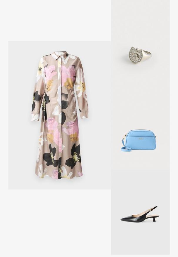 Cvečni plašč z gumbnim zapenjanjem spredaj, dolgimi rokavi, svetlo bež tkanino, okrašeno s abstraktnimi cvetličnimi vzorci v roza, črni in beli barvi.; Črne usnjene slingback čevlje z mačjih petah in oštrim nosom ter zlatim sponko na stranskem traku, na beli podlagi.; Svetlo modra usnjena torba čez ramo z zlatimi dodatki, zadrgo in sprednjo žepko. Ima nastavljiv trak za udobje.; Srebrn prstan v obliki konjske podkve, okrašen z majhnimi prozornimi kamni vzdolž zunanjega roba in osrednjim dizajnom, ki prikazuje križ.