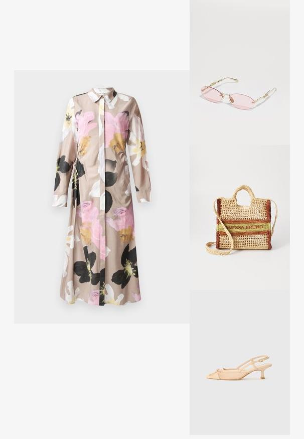 Florales Kleid mit durchgehender Knopfleiste, langen Ärmeln, leicht beigem Stoff mit abstrakten Blumenmustern in Rosa, Schwarz und Weiß.; Stuart Weitzman KITTY - Pumps - beige/barely beige; Gucci Sonnenbrille - gold-coloured/pink; Geflochtener Strohsack in rechteckiger Form, mit einer Mischung aus beigen, grünen und braunen Streifen, sowie einem abnehmbaren Schultergurt.