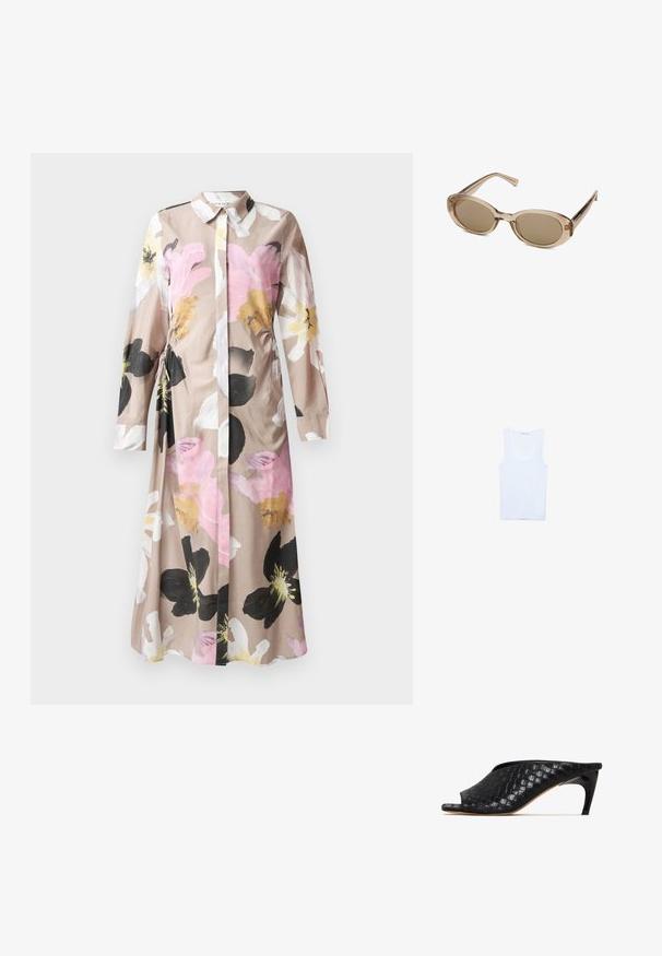 Kwiatowa sukienka z guzikami z przodu, długimi rękawami, w jasnobeżowym materiale z różowymi, czarnymi i białymi abstrakcyjnymi wzorami kwiatowymi.; Biała bawełniana koszulka bez rękawów z okrągłym dekoltem i szerokimi ramiączkami. Gładka tekstura, bez rękawów i dopasowany krój.; Czarne plecione mule z otwartym noskiem i gładką, zakrzywioną szpilką. Materiał ma połyskliwe wykończenie i charakteryzuje się teksturowanym, szachownicowym wzorem.; Okulary przeciwsłoneczne z przezroczystą beżową oprawą, owalnymi soczewkami i smukłymi zausznikami. Posiadają jasnobrązowe przyciemniane soczewki oraz minimalne logo.; Torba tote w beżowym materiale z brązowymi wzorzystymi akcentami. Posiada zakrzywiony kształt, pojedynczy pasek oraz plakietkę z logo z przodu z srebrnymi elementami.