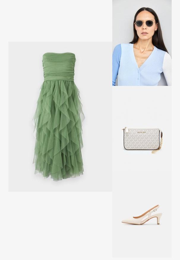 Bezplecu zaļa kleita ar drapētu korpusu un slāņotu volānu svārku, kas izgatavota no viegla materiāla. Puscaurspīdīga tekstūra uzlabo plūsmu.; Baltas siksniņveida papēdis ar smailu purngalu, gludu augšējo materiālu, zemu blokpapēdi un sānu izgriezumu dizainu ar regulējamu sprādzi.; Apaļas saulesbrilles ar tumšiem objektīviem un zeltītām rāmēm. Modelis valkā gaiši zilu, ribotu kardigānu ar pogām un kontrastējošām baltām piedurknēm.; Michaela Korsa rokassomi bez̦ā īšojuma, kas izgatavota no apklāta kanvas, iekļaujot atkārtotu MK logotipa rakstu, zelta aparatūru un noņemamu ķēdes siksnu.