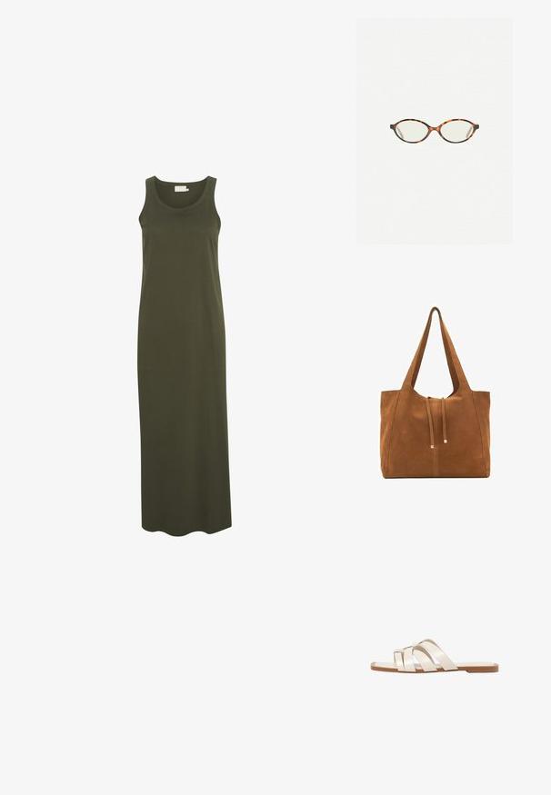 Langes, ärmelloses Kleid aus festem dunkelgrünem Baumwollstoff mit rundem Halsausschnitt und gerader, fließender Silhouette.; Flache Sandalen mit einer honigfarbenen Gummisohle, gestaltet mit drei überlappenden weißen Lederriemen und einem kleinen Schleifendetail in der Mitte.; Schildpatt-Eyegläser mit ovalen Gläsern und einer eleganten, glatten Oberfläche. Mit dünnen Seiten und einer subtilen Kurve an den Schläfen. Klare Gläser.; Braune Wildleder-Tasche mit zwei langen Trägern, Zugverschluss und minimalistischem Design. Glatte Textur und keine sichtbaren Hardware-Details.