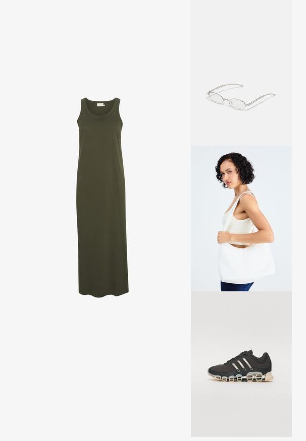 Garais bez Piedurknēm kleita izgatavota no tumši zaļas kokvilnas ar noapaļotu apkakli un taisnu, plūstošu siluetu.; Melna sporta apavi ar teksturētu augšdaļu, trim sudraba svītrām un atšķirīgu amortizācijas zoli, kas sastāv no vairākiem integrētiem sekvencēm.; Ovālas brilles ar metāliski sudraba rāmi, caurspīdīgām lēcām un teksturētām pērlīšu akcentiem uz tempļiem. Viegls dizains ar izliektiem kājiņām.; Balta pleca soma, izgatavota no gludas auduma, ar ovālu izgriezumu un platu siksnu. Vienkārša un moderna, bez redzamām furnitūrām.