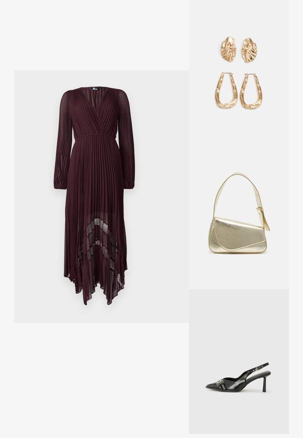 The Kooples - Długa sukienka; Czarne lakierowane buty typu slingback z ostrym noskiem, paskami na kostkach z srebrnymi klamrami i elementami metalowymi oraz smukłym obcasem.; Złota metaliczna torebka o strukturalnym designie, gładkiej powierzchni i regulowanym pasku. Charakteryzuje się unikalnym trójkątnym kształtem i minimalistycznym przeszyciem.; Złote kolczyki w odcieniu, prezentujące teksturowane, faliste kształty. Zawierają rzeźbiarskie klipsy i otwarty projekt kółek z młotkowanym wykończeniem.