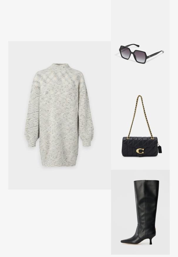 Vestido de malha em cinza claro com tricot texturizado, gola alta e mangas oversized. Padrão subtil de manchas por todo o tecido.; Bota de couro preta até ao joelho com bico fino, design elegante e um salto afunilado de 3 polegadas. Apresenta um detalhe dourado na parte de trás.; Óculos de sol hexagonais pretos com lentes degradê, apresentando um acabamento brilhante e uma marcação subtil na têmpora. Construção em plástico durável.; Mala acolchoada preta com uma alça de corrente dourada, apresentando um fecho dourado distinto e uma pequena etiqueta, exibindo uma superfície de couro texturizada.