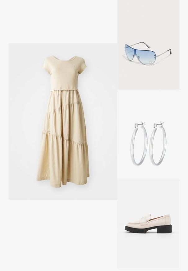 Beige mekko, jossa on lyhythihainen yläosa ja kerroksellinen, hulmuava hame, jossa on poimutetut saumat. Valmistettu pehmeästä kankaasta, jossa on sileä pinta.; Vaaleanbeige nahkaloaferit, joissa on ommeltu etuosa ja teksturoitu musta korko. Ominaisuuksiin kuuluu kaareva muotoilu ja kevyt kohotus.; Aviator-mallin aurinkolasit, jotka ovat varustettu gradienttisilla sinisillä linsseillä, hopeisella metallikehyksellä ja koristeellisilla tähtikoristeilla linsseissä. Joustava ja viehättävä muotoilu.; Hope-silver rengas, joissa on sileä ja kiillotettu pinta. Pyöreä muoto ja turvallinen napsautettava lukitus. Kevyt muotoilu sopii päivittäiseen käyttöön.