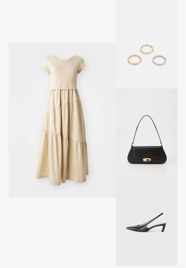 Bežinė suknelė su trumpomis rankovėmis ir sluoksniuota, laisvai krentančia sijonu su susiraukšlėjusiomis siūlėmis. Pagaminta iš minkštos medžiagos su lygia tekstūra.; Juodas smailus slingback batelis su žemu kulnu, pagamintas iš lygaus odos paviršiaus ir su išpjovomis šone, užtikrinančiomis oro pralaidumą.; Juodas odinis rankinės su išlenktu dizainu, auksinių atspalvių furnitūra ir viršutine rankena. Savybės - stilingas uždarymas ir glotni tekstūra.; Trys metalinės žiedai: vienas rožinės aukso, vienas auksinis su tekstūruotais akcentais ir vienas sidabrinis, visi su įmintu ženklinimu vidinėje juostoje.