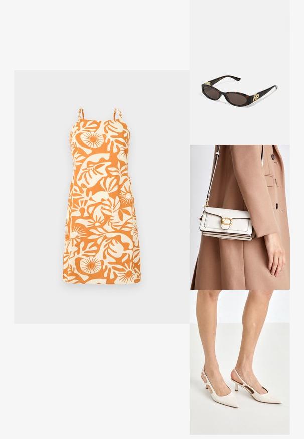 Narancssárga és krém színű ujjatlan ruha virágmintával, egyenes szabású és állítható spagetti pántokkal. Simának és könnyűnek érző anyag.; Beige patent bőr slingback magassarkúk hegyes orral és 5 cm-es sarokkal, kivágott oldalakkal és vékony bokapánttal.; Tortából készült napszemüveg, hosszúkás ovális lencsékkel, barna színű árnyalattal, arany logóval a fülkagylón, és karcsú fekete szárakkal.; Fehér bőr korsóstás táska arany csattal, struktúrált kialakítással, kontrasztos élekkel és vékony, állítható pánttal.