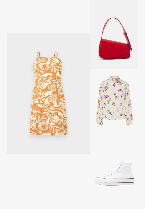 Ogrnjasto in kremno brezrokavno obleko s cvetličnim vzorcem, s pravim krojem in nastavljivimi tanjšimi naramnicami. Gladek, lahek material.; Cvetna bluzica z dolgimi puff rokavi, svetlo smetanaste barve, s purpurnimi, oranžnimi in zelenimi cvetličnimi vzorci ter klasičnim ovratnikom.; Beli visoki platneni športni čevelj z črnim gumijastim podplatom, sprednjim gumijastim zaščitnikom za prste in šestimi luknjicami za vezalke, ki se ponaša s preprostim, minimalističnim dizajnom.; Rdeča usnjena torba z angularnim, geometrijskim dizajnom. Ima en samostoječ nastavljiv ročaj in pokrov, zaprt z zapiranjem, ki je okrašen s šivi.