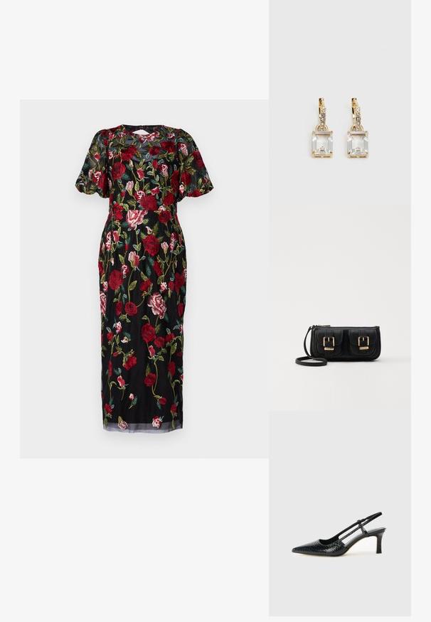 Fekete ruha piros, rózsaszín és zöld virágmintával. Átlátszó anyag, rövid puffos ujjak és középhosszú fazon kulcslyuk hátkivágással.; Fekete lakk slingback sarok, hegyes orral, texturált kígyómintával, állítható pánttal és rövid, texturált tömbsarkal.; Fekete bőr keresztbody táska két elülső zsebbel, arany csattokkal, cipzáras záródással és vékony pánttal. Textúrált felület és kompakt téglalap alak.; Aranyszínű fülbevalók, melyek egy téglalap alakú, tiszta kristállyal díszítették, ami egy sor kis, kerek, tiszta kiegészítő alatt lóg. Letisztult, modern dizájn.