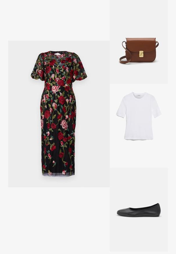 Melna kleita ar ziedu izšuvumiem sarkanos, rozā un zaļos tonī. Caurspīdīgs materiāls, īsas pūkainas piedurknes un vidēja garuma dizains ar atslēgas caurumu aizmugurē.; Balta īsām piedurknēm T-krekls, izgatavots no ribota auduma. Apaļš izgriezums, regulāra piegriezuma un diskrēti šuvumu detaļas. Bez printiem vai grafikām.; Melna ādas baleta kurpe ar noapaļotu purngalu, gludu tekstūru, minimālu šuvju detalizāciju un elastīgu zoles dizainu.; Bordo ādas rokas soma ar atloku, zeltītām detaļām, plecu siksnu un gludu virsmu. Kompakta, taisnstūrveida forma.