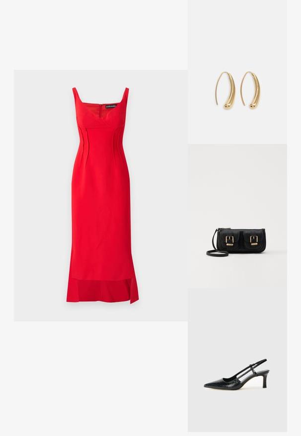 Red dress made of smooth fabric with a fitted design, featuring a sweetheart neckline, vertical seams, and a side slit at the hem.; Black patent slingback heel with a pointed toe, featuring textured snake print, adjustable strap, and a short, textured block heel.; Black leather crossbody bag with two front pockets, gold buckles, zipper closure, and a slim strap. Textured surface and compact rectangular shape.; Gold-tone metal hoop earrings with a curved, elongated shape. Features a smooth, shiny surface and a rounded tip for added detail.