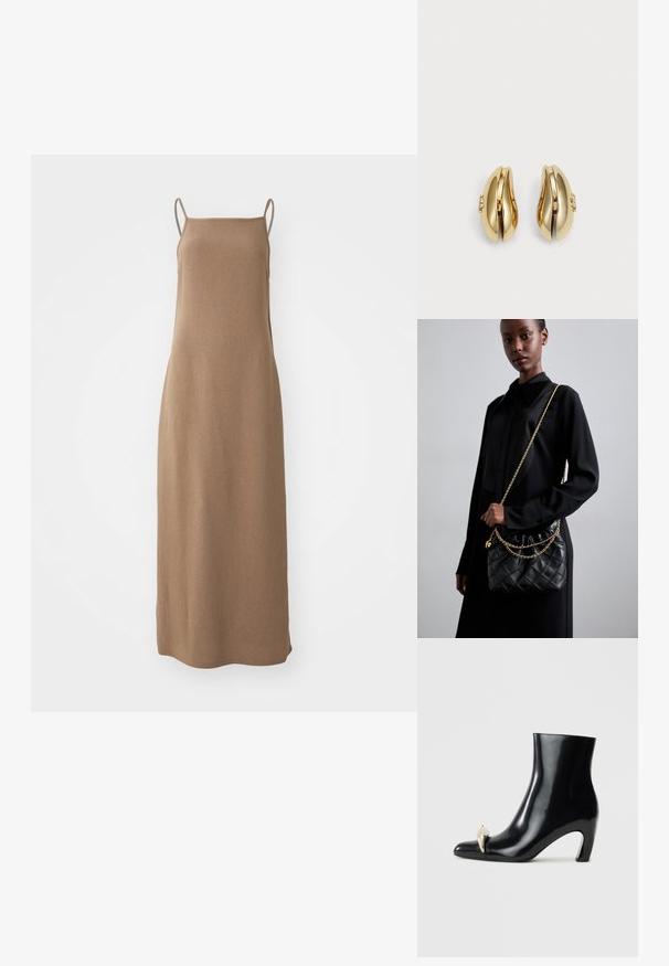 Rjava brezrokavna maksi obleka z mehkimi, teksturiranimi materiali, ravnim silhueto in tankimi naramnicami na ramenih.; Črne gležnjarje iz sijajnega usnja, s koničastim nosom in dekorativnim zlatim ter srebrnim detajlom spredaj. Oblika bloka pete.; Črna prešita usnjena torbica z nabranim vrhom, zlatim verižnim naramnikom in pravokotno obliko, držana na enolični podlagi.; Zlato tonirane uhane s površjem, ki se lepo vije. Vsak uhane ima gladko površino in majhno zaponko z dekorativnim detajlom.
