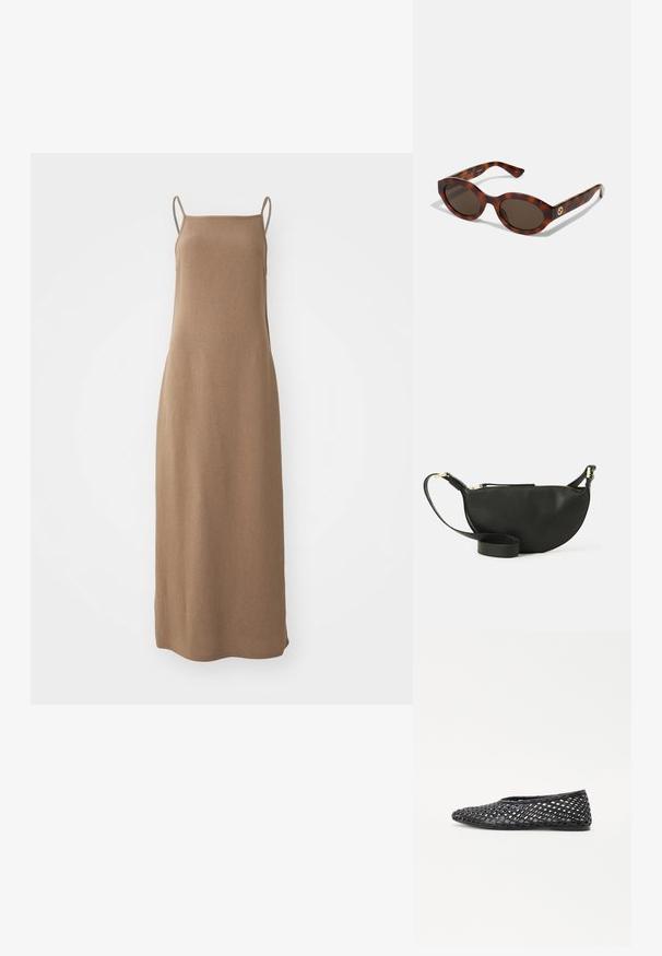 Barna ujj nélküli maxiruha, puha, texturált anyagból, egyenes sziluettel és vékony pántokkal a vállaknál.; Fekete szőtt slip-on cipő, rácsos mintázattal, lapos talppal és sima gumiból készült anyaggal, amely légáteresztő és rugalmas.; Fekete-arany teknősbéka napszemüveg kerek kerettel, sötét lencsékkel és arany logóval a szárakon. Sima műanyag anyag, nincs látható minta.; Fekete bőr keresztpántos táska félhold formában, texturált felülettel, arany cipzárral és lapos pánttal. Kompakt kialakítás, amely a fontos dolgok számára alkalmas.