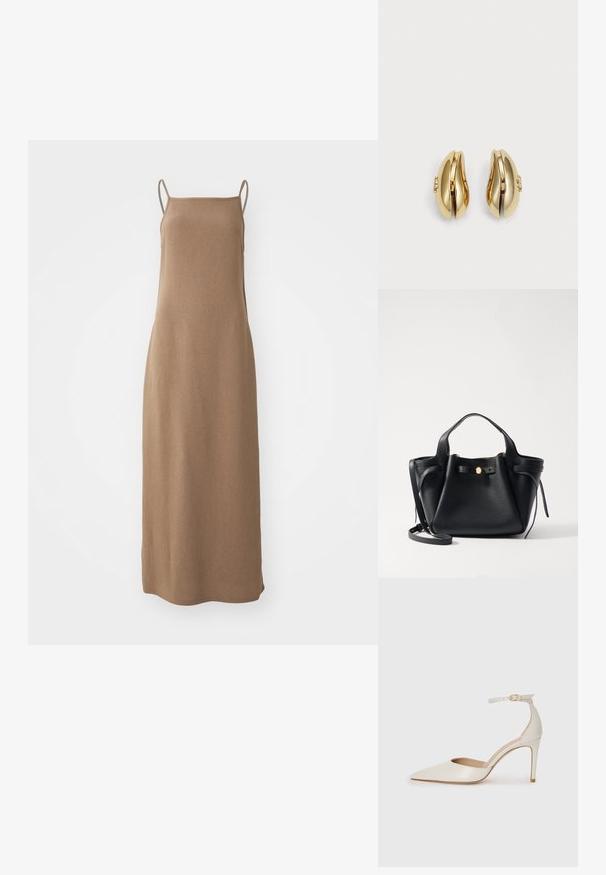 Rochie maxi fără mâneci, de culoare maro, realizată dintr-un material moale și texturat, cu o siluetă dreaptă și bretele subțiri la umeri.; Pantofii înalți din piele albă, cu vârf ascuțit, curea la gleznă și toc subțire de tip stiletto. Textură netedă cu un finisaj subtil lucios.; Geantă din piele neagră cu o formă structurată, având un accent de aur, două mânere scurte și un curea lungă detașabilă. Suprafețe texturate.; Cercei aurii cu un design curbat și fluid. Fiecare cercei are o suprafață netedă și un mic sistem de prindere cu un detaliu decorativ.