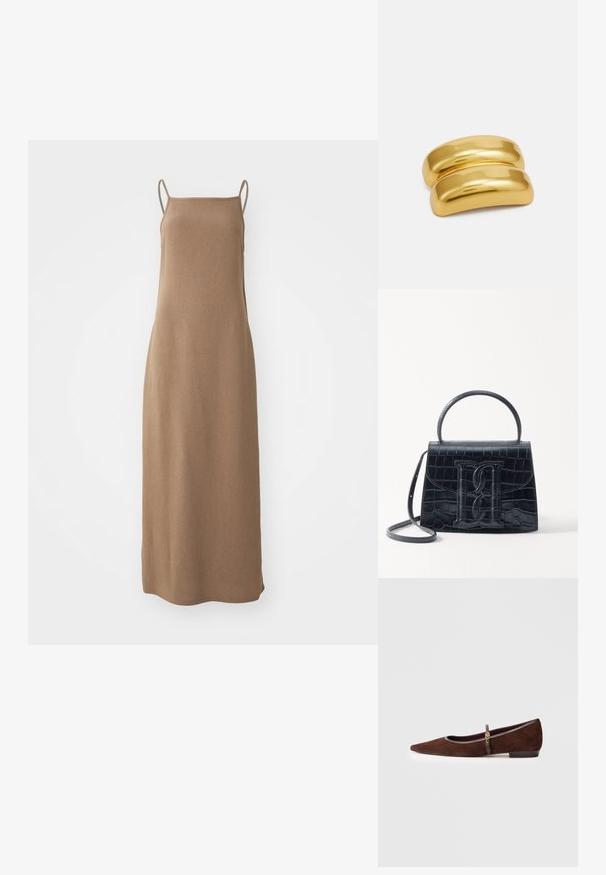 Pruun ilmaesine maksikleit, mis on valmistatud pehmest ja tekstuurist kangast, sirge silueti ning õhukeste sipelgatega õlgadel.; Kohvatuubist korterjalats terava ninaga, millel on õhuke rihm ja kuldne aksessuaar. Jalatsil on madal konts ja hall ääre. ; Must musta krokodillimustriga nahast käekott, millel on struktureeritud disain, ülemine käepide, reguleeritav rihm ja silmapaistev esiküljel logo detail.; Kuldse metallist juukseklamber sileda ja ümarat kujundust. Pind on peegeldav, omades ühte seotud kõverat kuju ilma lisakaunistusteta.