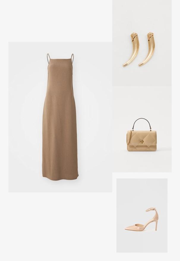 Barna ujj nélküli maxiruha, puha, texturált anyagból, egyenes sziluettel és vékony pántokkal a vállaknál.; Meztelen színű, lakk bőr, hegyesorrú cipő bokapánttal és stiletto sarkal, sima textúrával és minimalista dizájnnal. ; Beige, steppelt bőrtáska aranyozott fémalkatrészekkel, láncos vállpánttal és felső fogantyúval. Elöl klappal és jellegzetes logó részlettel rendelkezik.; Arany tónusú fém hajcsatok, ívelt, bordázott kialakítással. Simára csiszolt felület, fényes kialakítással és lekerekített végződésekkel. Két darab látható.