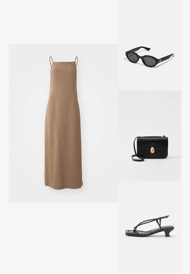 Hnědé maxi šaty bez rukávů, vyrobené z měkké texturované látky, s rovnou siluetou a tenkými ramínky na ramenou.; Černé kožené sandály s tenkými pásky, nízkým blokovým podpatkem a čtveratou špičkou. Obsahují přezku a mají hladkou texturu.; Černé oválné sluneční brýle s tmavými skly a lesklým plastovým rámem. Obsahují zlaté logo na straně, které poskytuje elegantní a moderní design.; Černá kožená kabelka se strukturovaným obdélníkovým tvarem. Obsahuje zlatou oválnou sponu a tenký ramenní popruh. Hladký povrch.