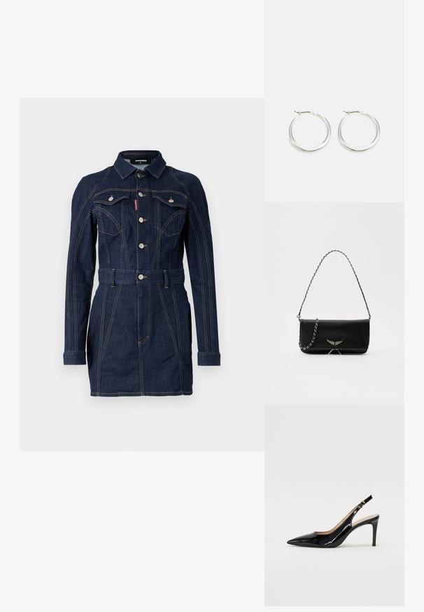 Vestido de ganga em azul escuro com um design ajustado, mangas longas, gola, bolsos frontais e uma cintura com cinto. Detalhes de costura de contraste notáveis.; Sandal com salto em verniz preto, bico fino, salto esguio e um design de recorte subtil. Apresenta uma fivela dourada na alça.; Saco de couro preto com uma alça de corrente prateada, apresentando ornamentos em forma de asas e costura branca ao longo da costura inferior.; Brincos de argola prateados com um design suave e arredondado, apresentando um perfil fino e um fecho seguro. Estilo minimalista com um acabamento polido.