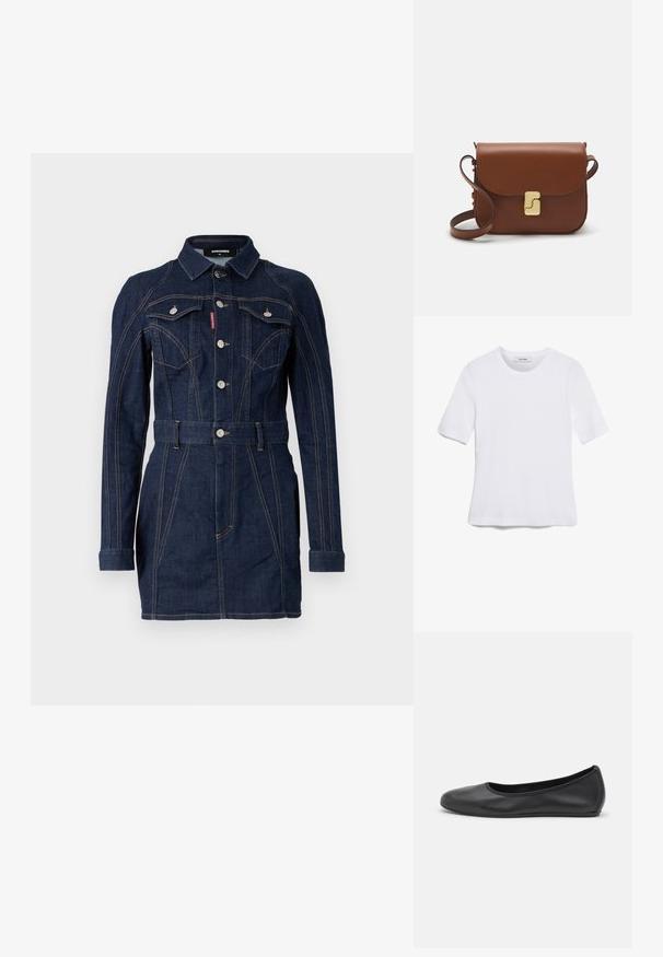Džínové šaty v tmavomodrej farbe s priliehavým strihom, dlhými rukávmi, golierom, prednými vreckami a pásom v páse. Výrazné detaily kontrastného šitia.; Biela krátka tričko s krátkymi rukávmi vyrobené z rebrovanej látky. Klasický okrúhly výstrih, bežný strih a jemné švy. Bez vzorov alebo grafiky.; Čierne kožené baleríny s okrúhlou špičkou, hladkým povrchom, minimálnym prešívaním a flexibilným dizajnom podrážky.; Hnedá kožená kabelka s klopou, zlatými kovovými prvkami, ramenným popruhom a hladkým povrchom. Kompaktný obdĺžnikový tvar.