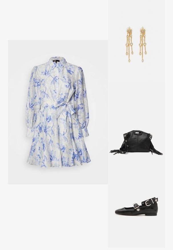 Maje RUBARBELA - Marškininė suknelė - bleue/écru; Juodas lakinės odos plokščias batelis su kvadratiniu pirštu, kulkšnies dirželiu su sidabro detalėmis ir plokščiu padu. Sklandus paviršius su minimalistišku dizainu.; Maje MISS MINI - Rankinė per petį - noir; Aukso spalvos auskarai su keliais kaskadiniais grandinėlėmis, su skaidriais ovaliais kristalų akcentais ir dekoratyviniais auskarų priekiais.