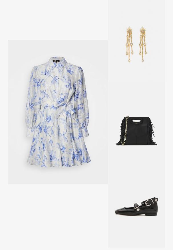 Maje RUBARBELA - Kreklkleita - bleue/écru; Melnas laika patenta ādas dzīvokļu kurpes ar kvadrātu purngalu, potītes siksna ar sudraba furnitūru un platu zoli. Gluda tekstūra ar minimālu dizainu.; Melna ādas rokassoma ar frizūras detaļām, zelta ķēdes plecu siksnu un izgrieztu rokturi. Ir logotipa novietojums priekšpusē.; Zelta tonī auskari ar vairākiem kaskādes ķēdēm, kas rotāti ar caurspīdīgiem ovāliem rhinestone akcentiem un dekoratīvām pīrsingiem.