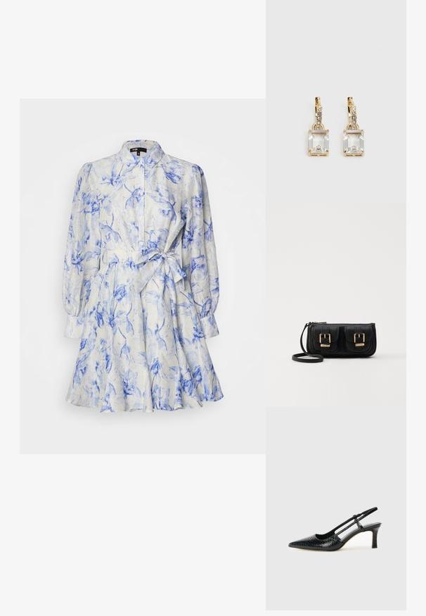 Maje RUBARBELA - Blousejurk - bleue/écru; Zwart patent slingback hak met een spitse neus, voorzien van een gestructureerde slangenprint, verstelbare band en een korte, gestructureerde blokhak.; Zwarte leren schoudertas met twee vo pockets, gouden gespen, ritsluiting en een smalle band. Tekstuur oppervlak en compacte rechthoekige vorm.; Gouden oorbellen met een rechthoekige, heldere kristal die onder een rij kleine, ronde heldere accenten hangt. Strak, modern ontwerp.