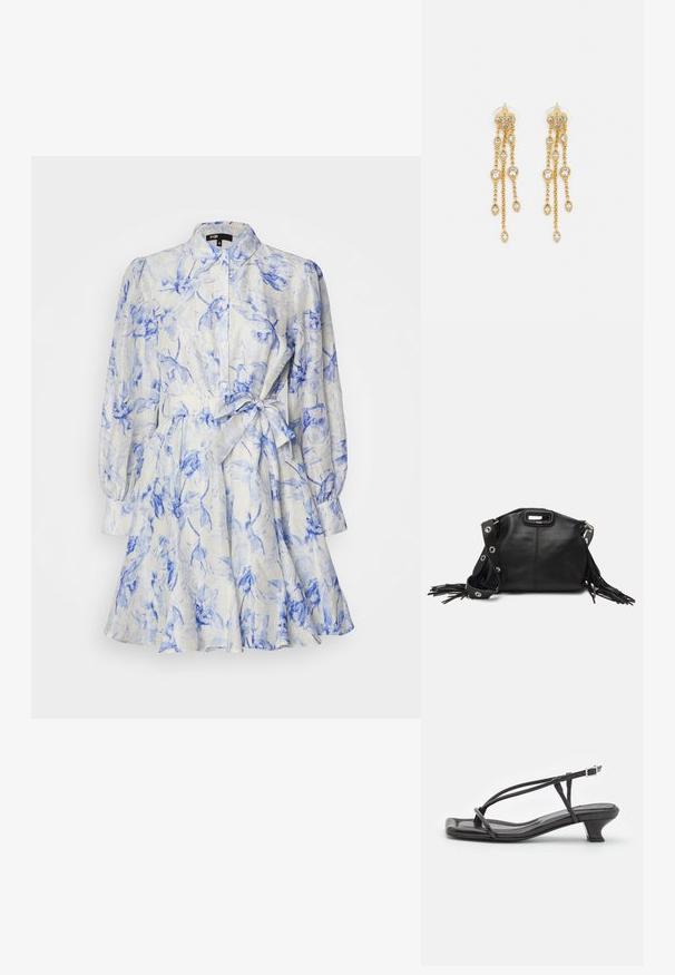 Maje RUBARBELA - Kreklkleita - bleue/écru; Melnas ādas sandales ar plānām siksniņām, zemu blokveida papēdi un kvadrātveida deguniem. Ar sprādzi un gludu tekstūru.; Maje MISS MINI - Soma ar siksnu pāri ķermenim - noir; Zelta tonī auskari ar vairākiem kaskādes ķēdēm, kas rotāti ar caurspīdīgiem ovāliem rhinestone akcentiem un dekoratīvām pīrsingiem.