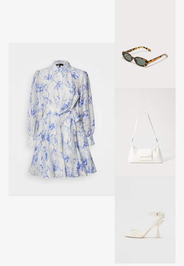 Maje RUBARBELA - Skjortekjole - bleue/écru; Sandal med høj hæl i hvid læder med et elegant design, en transparent blokhæl og et dekorativt element ved tåen.; Skildpadde-sungebriller med ovale rammer, mørke grønne linser og slanke stænger. Har et diskret logo på stangen.; Hvid syntetisk håndtaske med en trekantet form, flad forsideklap og sløjfedetalje, justerbar strop, glat tekstur og minimalistisk design.