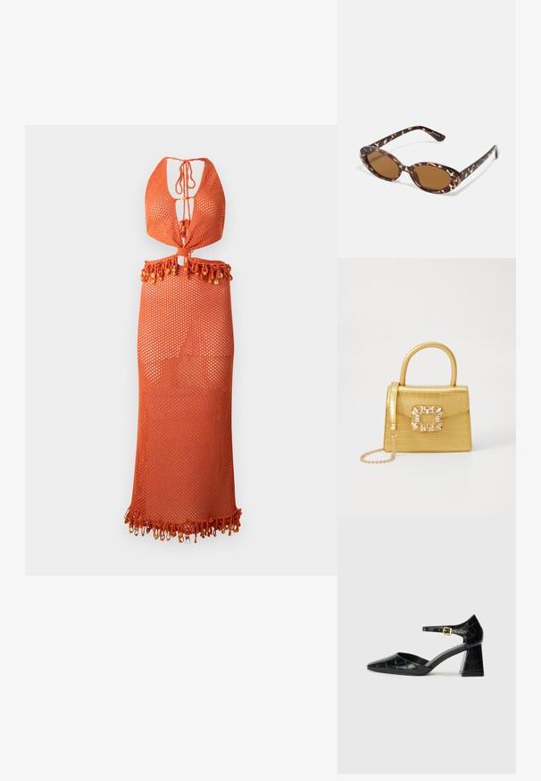 Πορτοκαλί πλεκτό φόρεμα με σχέδιο γαλλικού λαιμόκοψης, διαθέτοντας κλείσιμο με κορδόνι και φινίρισμα με φούντες στο κάτω μέρος, διακοσμημένο με χάντρες. Ελαφρύ και ημι-διαφανές.; Μαύρο παπούτσι ψηλής γόβας από πατίνα με μυτερή μύτη, ιμάντα αστραγάλου και υφή κροκοδείλου. Σχεδίαση τετράγωνης μπλοκ τακουνιού.; Γυαλιά ηλίου με καβούρι σε σχήμα οβάλ, καφέ φίλτρο, λεπτά χέρια με υφή, ελαφρύ πλαστικό σκελετό.; Κίτρινη τσάντα φουσκωτού κροκοδείλου με δομημένο σχέδιο, επάνω χερούλι, αποσπώμενο αλυσίδα και διακοσμητική κρυστάλλινη επένδυση στο κούμπωμα.