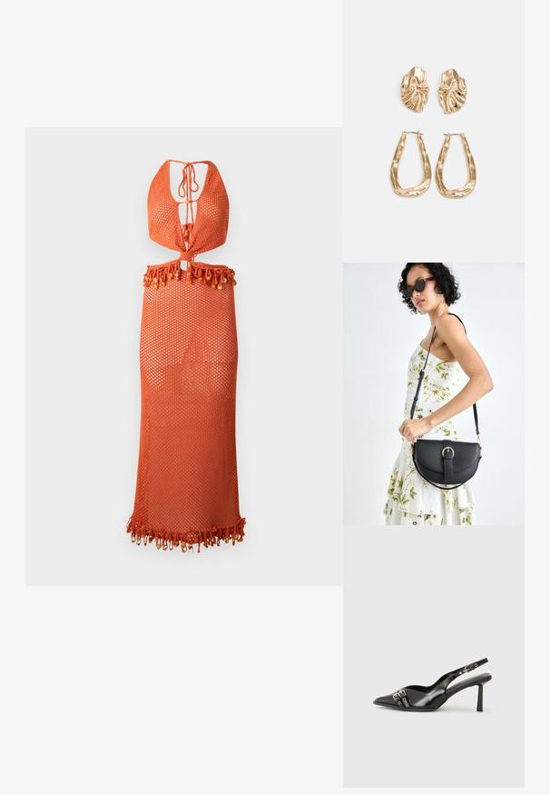 Narancssárga hálós ruha, gallér nélküli nyakmegoldással, amely fűzős záródással és gyöngyökkel díszített rojtos szegéllyel rendelkezik. Könnyű és félig átlátszó.; Fekete lakk bőr, hegyes orrú slingback cipő, boka pántokkal, ezüst csatokkal és hardverelemekkel, valamint karcsú sarkú.; Fekete bőrtáska ívelt formával, levehető pánttal és arany színű fémrészekkel. A táskán egy csattal díszített fedél található.; Aranyszínű fülbevalók, texturált, hullámos formákkal. Tartalmazza a szobrászati klipszes studokat és az open hoop kialakítást, kalapácsos felülettel.